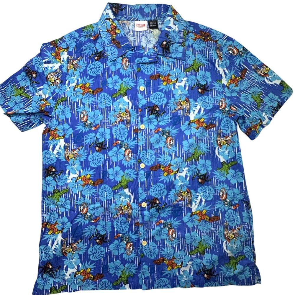 Marvel Avengers Blue Hawaiian Floral Shirt 100% Cotton Large Short Sleeve
